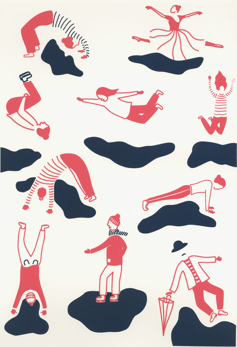 Silkscreen print depicting humans in sporty poses interacting with dark puddles