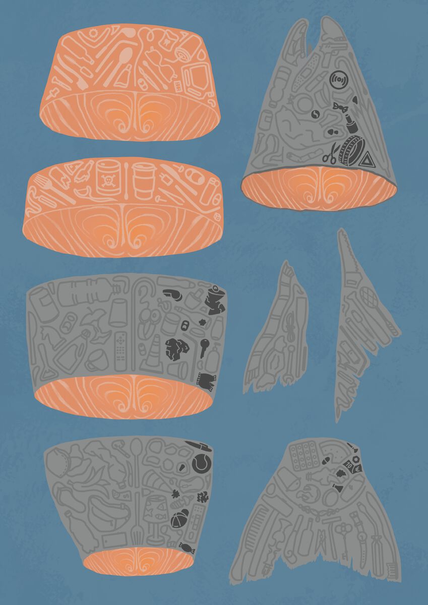 Chunks of cut salmon arranged on a blue background. Flesh and skin containing 
tiny outline drawings symbolizing trash.